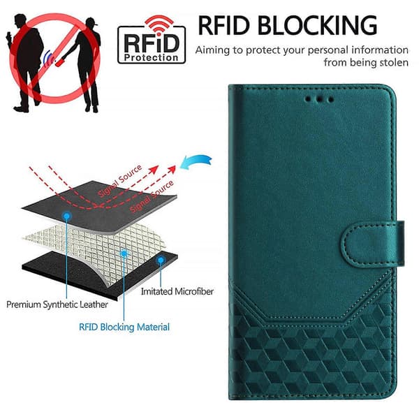 Honeycomb-preging RFID-telefondeksel i lær for Doogee Note 59 / Note 59 Pro Peacock Green