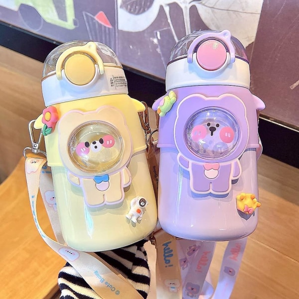 Kawaii Vandflaske med Sugerør, Søde Vandflasker med 3d Kawaii Sticker, Rustfri Stål Vandflaske 600ml (lilla)