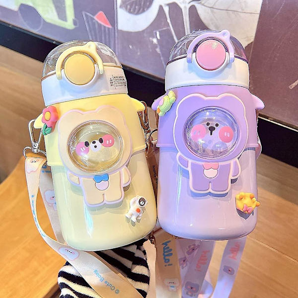 Kawaii Vannflaske Med Sugerør, Søte Vannflasker Med 3d Kawaii Klistremerke, Rustfritt Stål Vannflaske 600ml (lilla)