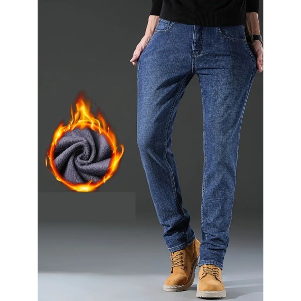 Herr Fleece Jeans för affärer, Casual Street Style Denimbyxor med fickor för höst vinter blue Asia 28