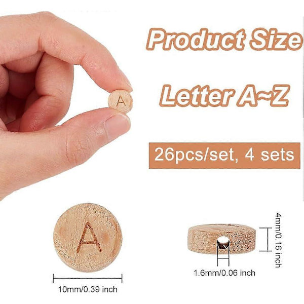 104 stk. 10 mm alfabet træperler runde flade alfabetperler naturlig bøgeflade træperler med 1,6 mm hul træ løse perler med initialbogstav fo