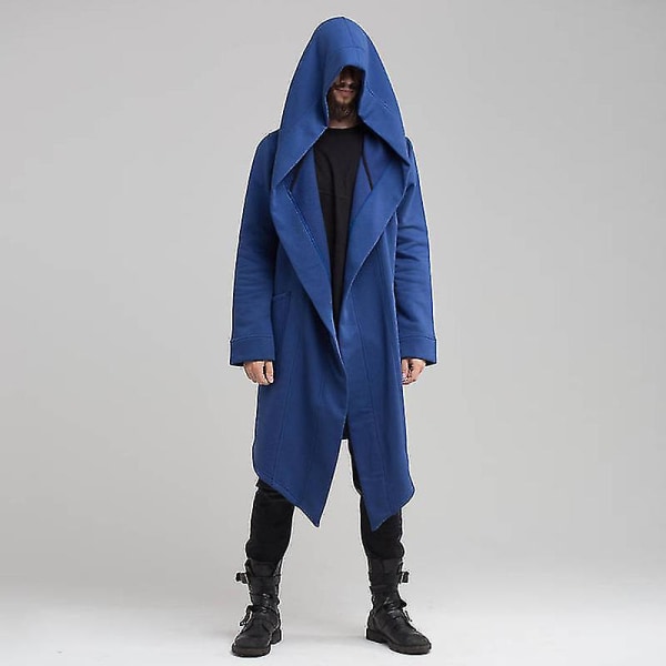 Lang draperet hættecardigan til mænd med to lommer, lange ærmer, løs, afslappet lang model L Blue