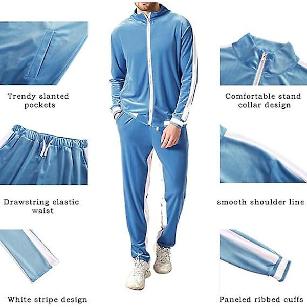 Mjukisdress i sammet för män, avslappnad jacka och byxor Blue 2XL