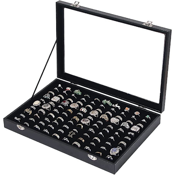Ringholder Organizerboks med 100 rum, smykke Ring Display Case, Ørering Halskæde Opbevaringsbakke med Top Glaslåg, sort Velour