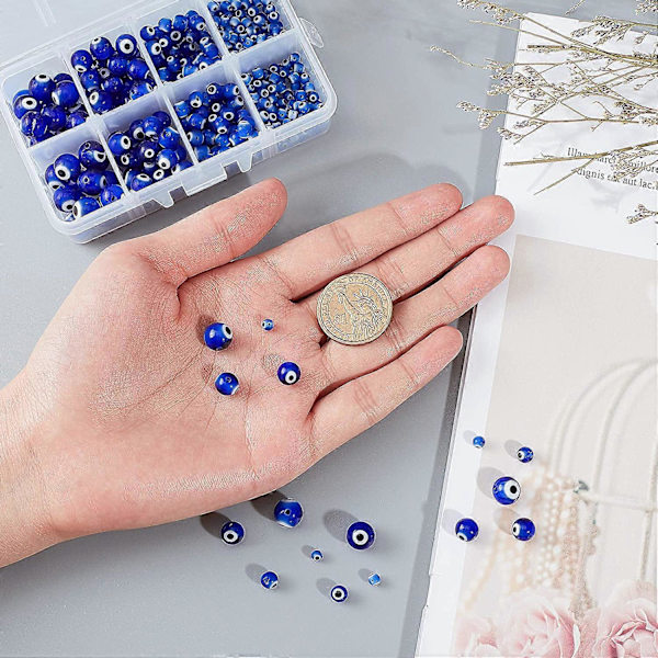 390 stycken blåa onda ögat glaspärlor i olika storlekar Lampwork runda pärlor för smyckestillverkning - 4mm/6mm/8mm/10mm