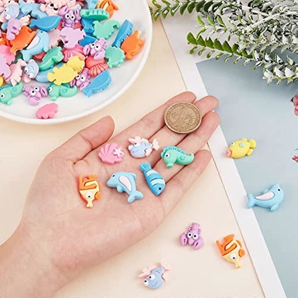 100 stk. 10 stilarter Ocean Resin Dyr Cabochons Skal Søhest Hummer Delfin Cabochon Resin Flatback Perler Sommer Hawaii Charms til Udsmykning Fl