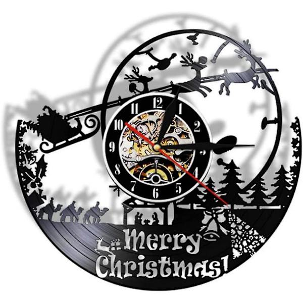 Väggklocka God Jul Tomten Vinyl Record Väggklocka Retro Väggdekoration Elf Klocka Väggklocka(29,5x29,5cm)