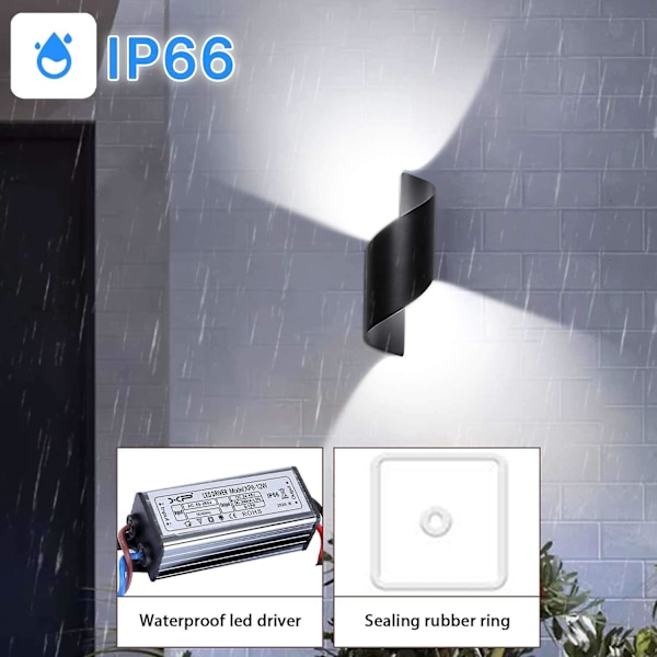 10w LED Utendørs Vegglampe Vanntett IP66, Kald Hvit Svart