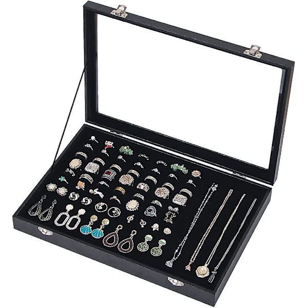 Ringholder Organizerboks med 100 rum, smykke Ring Display Case, Ørering Halskæde Opbevaringsbakke med Top Glaslåg, sort Velour