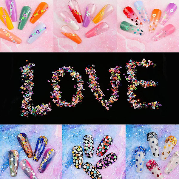 Nail Art Hollow Flash Sequin 12-färgad Holografisk Flash Blandad Hjärtformad Alla hjärtans dag nageldekoration Set4