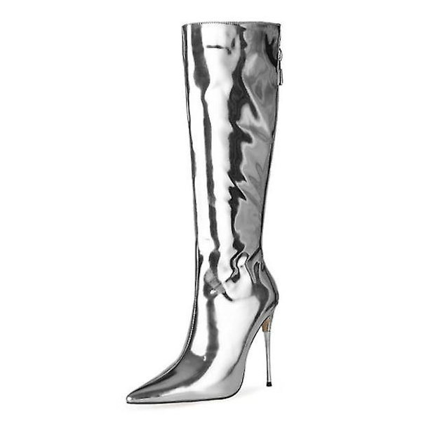 Dame Patent Læder Pu Høje Støvler Spids Tå Lynlås Bagpå Sexede Stiletstøvler Silver 36
