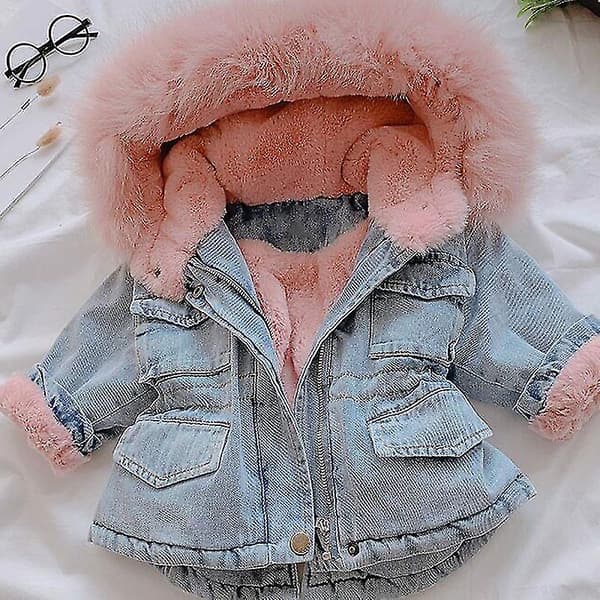 Børn Denim Hættefrakke Jakker Varm Langærmet Tyk Til Vinter Udendørs 110cm B