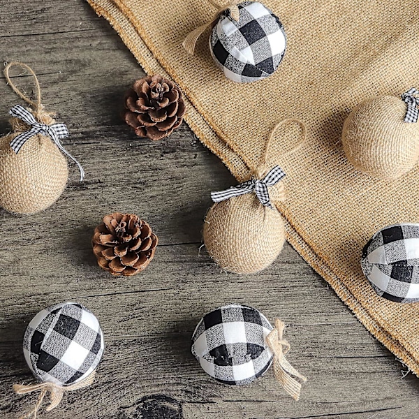 Julepynt Trepynt, 12 stk. Buffalo Plaid Jute Gårdshus Julepynt, Svart Hvit Landlig Juledekor