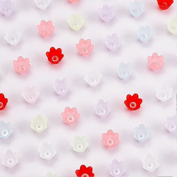 800 stk. 8 farger Akryl Perlehetter Frostet Blomsterform Perler Transparent 6-Blad Perle Endestykker for Halskjede Øredobber Smykkelaging