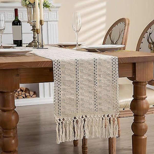 Boho bordslöpare för heminredning, lantlig rustik bordslöpare med tofsar Beige 33x160m