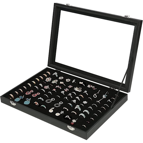 Ring Smykke Organizer Boks, 100 Slots Ringe Display Opbevaringskasse Øreringe Showcase - Sort Fløjl Smykkestativ Holder Bakke Med Gennemsigtigt Glaslåg -