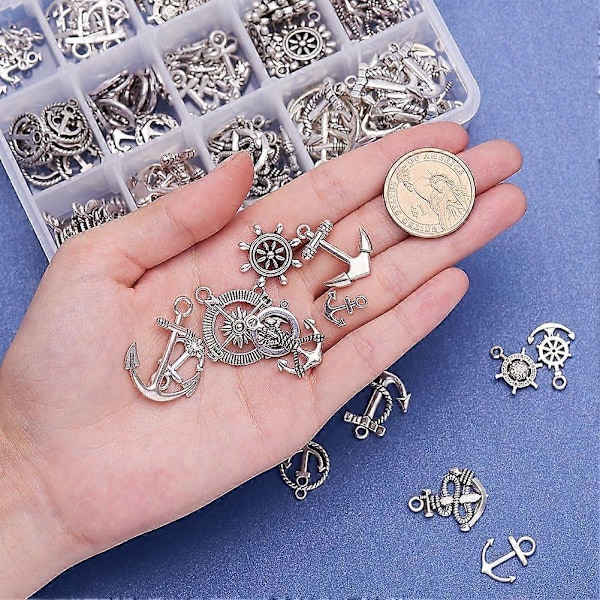 15 Stilar Nautiska Ankerberlocker 150st Anker Rorkultingar Tibetansk Legering Skeppsrathjul Berlocker Pärlor för Sommar Män DIY Armband Halsband Smyckestillverkning