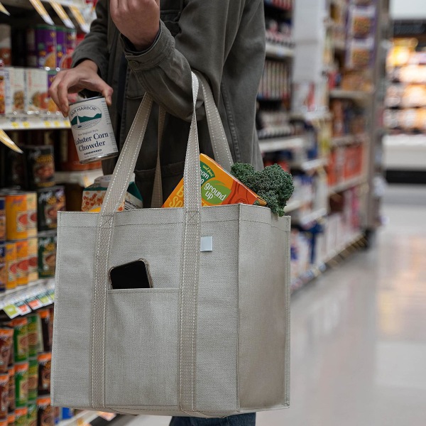 Sett med 4 grå gjenbrukbare handleposer og vesker, forsterket bunn, frontlomme, multifunksjonell tote bag, handlevognpose, stående handlepose, vanntett