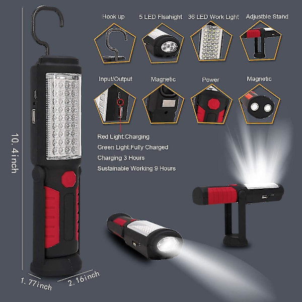 Uppladdningsbar LED-arbetslampa, bärbar multifunktionsficklampa, magnetisk ficklampa LED-hängande krok, vattentät, för bilreparation, strömavbrott, hushåll Red