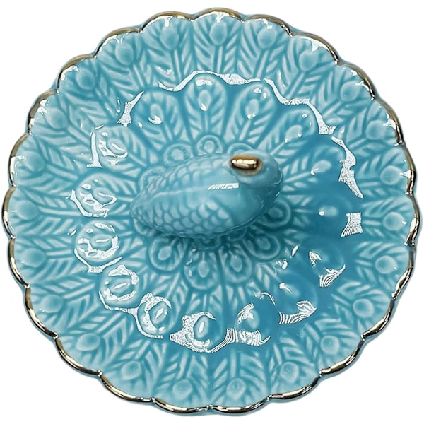 Ringholder, Keramisk Påfugl Smykketallerken Organizer (blå)
