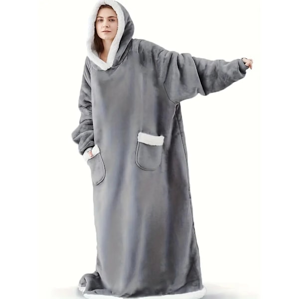 Casual loungewear-morgenkåbe i store størrelser, tyk Sherpa fleece varm ekstra lang oversized bærbar tæppe til damer med lommer (længde: 150 cm) grey