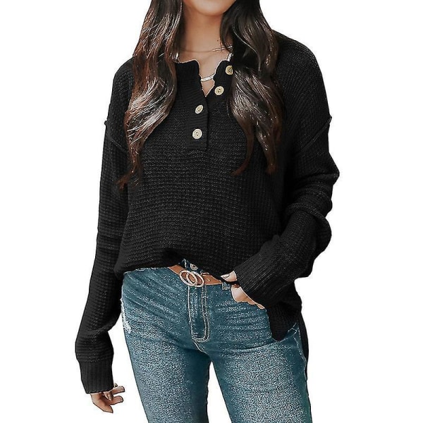 Uldpullover til Kvinder Knaplukket Pullover Jumper Top Til Ferie Efterår Vinter Forår L Black