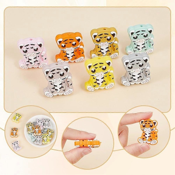 14 stk. 7 Farver Tiger Silikone Focal Perler Søde Dyreformede Silikone Perler Gummiperler til Perlepenne Nøgleringe Halskæder Smykkefremstilling Håndværk