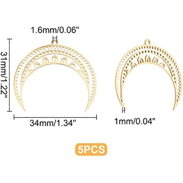 5 st. Hålgraverade Månpendanter i Guld, Rostfritt Stål, Halvmåne Charm, Filigran Månpendanter, Laser Skurna Charms för Armband, Halsband, Örhängen