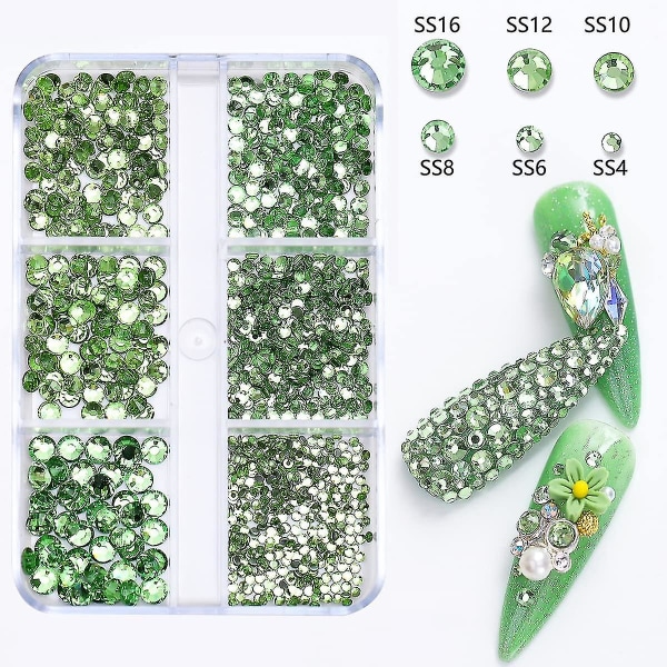 1000 st Gröna Nail Gems Charms Flatback Kristall Strass Nageltillbehör Runda pärlor Diamantborr 6 storlekar (1,5-3,8 mm) Glas Strass För Kvinnor Diy
