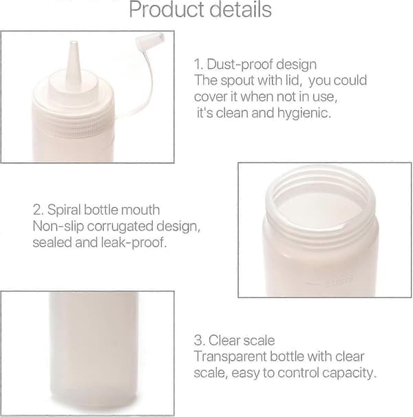 3 st 12 oz plastflaskor med munstycken, återanvändbara klämflaskor för kryddor (300 ml)