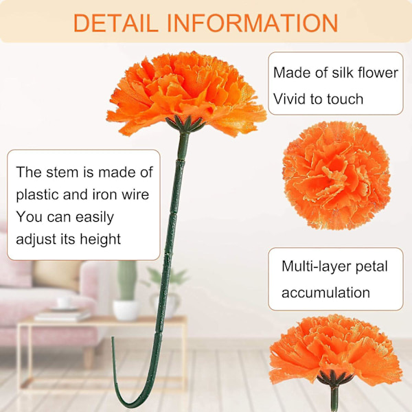 50 stk. Morgenfrue Blomsterhoveder Bulk Kunstige Blomster med Stængler DIY Morgenfrue Guirlande Day of The Dead Dekoration Dia De Los (Orange, 6 cm)
