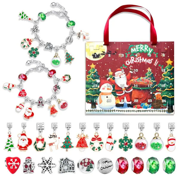 1 stk., Jule 24 Grid Nedtællingskalender Blind Box Sæt Jul Kreativ Håndlavet DIY Børnearmbånd Gaver Juledekoration rød