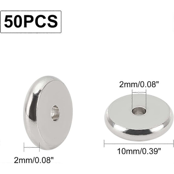 50 stk. flate runde avstandsperler i rustfritt stål, metall løse perler, skyveperlestoppere for armbånd, halskjede, smykkelaging, 10x2 mm hull 2 mm