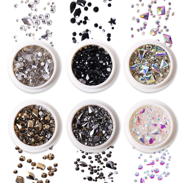 6 Æsker med Flade Negle Rhinestones Negle Ædelsten Glas Krystal Rhinestone Negle 3d Negle Sten Negle Diamant Negle Smykker Negle Kunst Dekoration DIY Proces Set1
