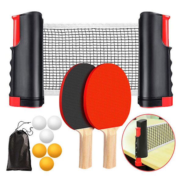 Bordtennissett, Ping Pong-racketer med 2 racketer, 1 uttrekkbart nett, 6 baller, 1 bæreveske, for trenere voksne barn innendørs utendørs