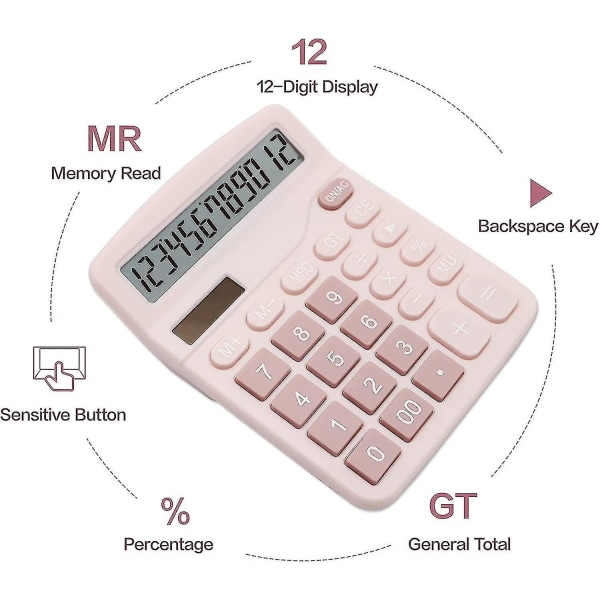 Pink Lommeregner, bordlommeregner 12 cifre med stort LCD-display