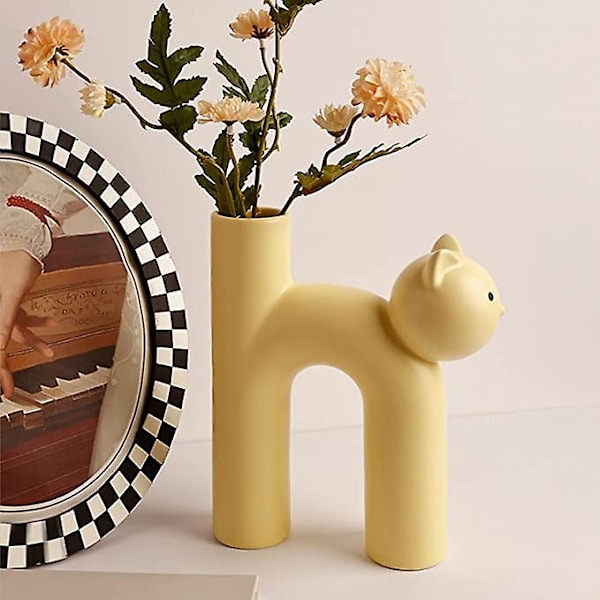 Keramiske vaser til boligindretning, 21 cm sød rørformet kat dekorativ vase, blomstervase sød vase, vase til kunsthåndværk, tørret blomsterrumsindretning, gul