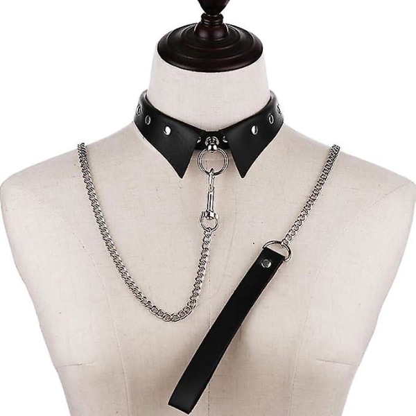 Punk Hauling Chain Pu Läder Krage Halsband Halsrem Goth Nattklubb Goth Koppel Bälten Justerbar Storlek