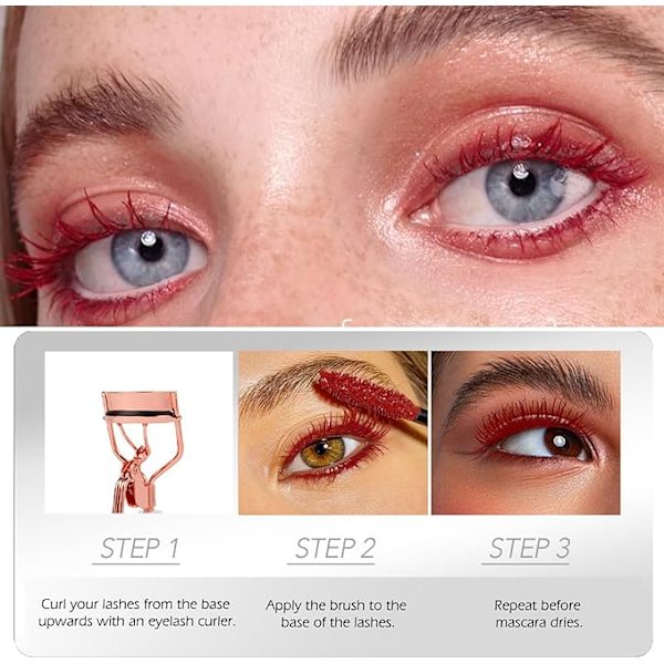 Rød fibermascara, vandtæt, holdbar, ikke-udsmørende, mascara, tyk, buet, forlængende, volumen mascara, hurtigtørrende, med falsk øjenvippeeffekt