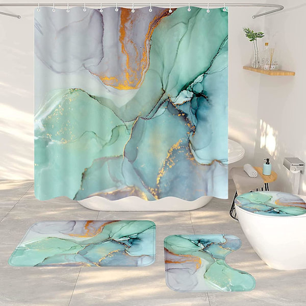 4 st grönt marmor duschdraperi set med matta badrumsgardiner duschset toalettmatta lock matta badrum set duschdraperi set med 12 krokar, 72\"x72 G