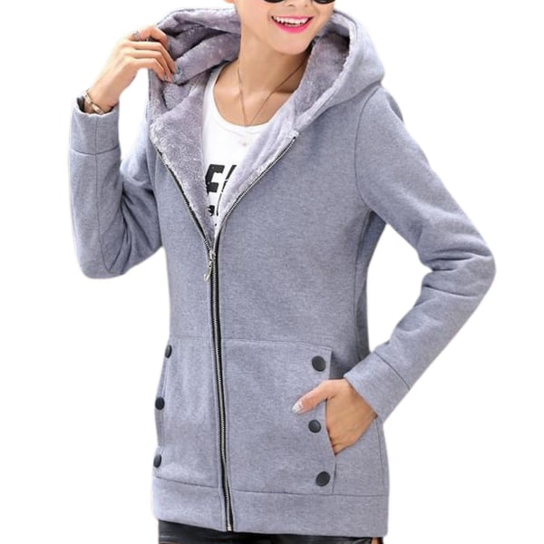 Dame Vinter Sweatshirt Tyk Fleeceforet Hættejakke Med Lomme Lynlås 2XL Gray