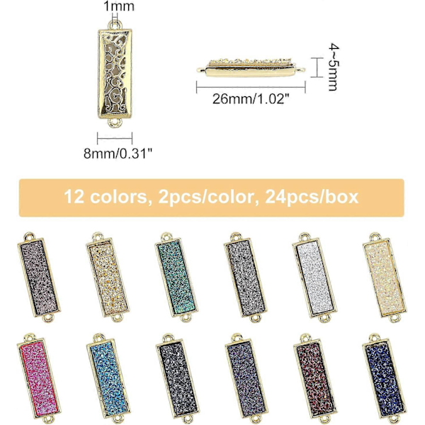 1 Ask 24 Stk 12 Färger Resin Druzy Berlocker Rektangulära Länkar Kopplingar Glitter Dubbla Slingor Förgylld Flatback Faux Kvarts Ädelsten Berlocker för Armband