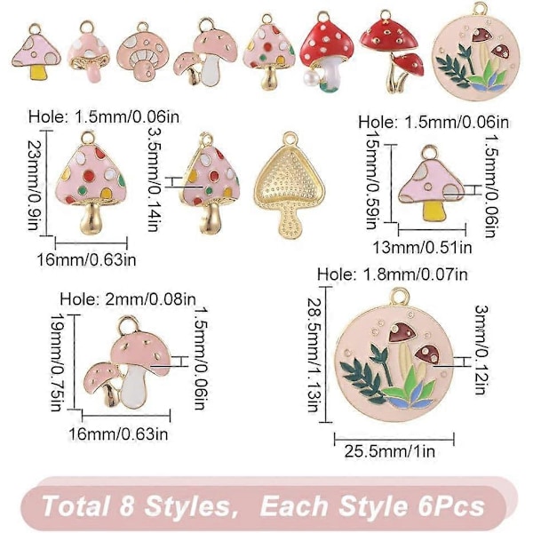 1 Ask 48 st 8 Stilar Svampar Berlocker Svampar Berlock Bulk Rosa Röd Svampar Emalj Berlock Fairy Berlock Växt Vår Berlock