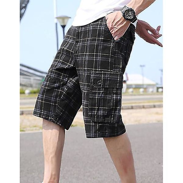 Miesten ruudulliset shortsit, väljä vyötärö, monipuoliset twill-cargo-shortsit GRAY 34
