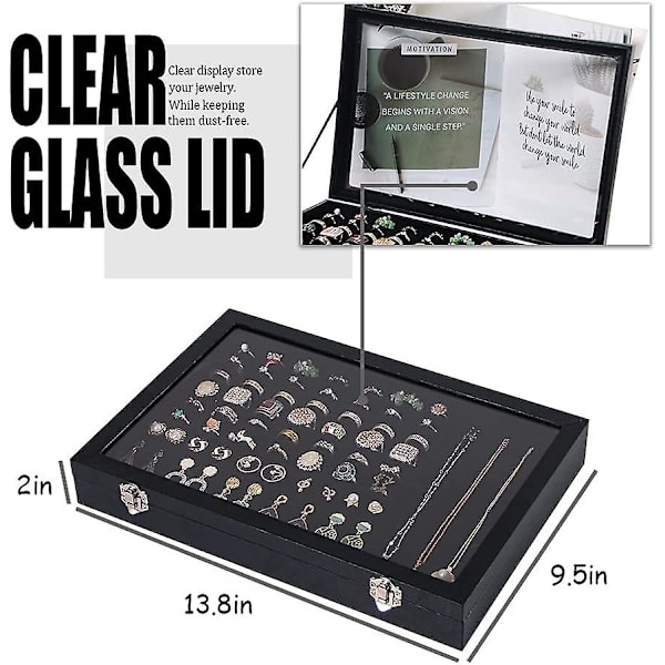 Ringholder Organizerboks med 100 rum, smykke Ring Display Case, Ørering Halskæde Opbevaringsbakke med Top Glaslåg, sort Velour