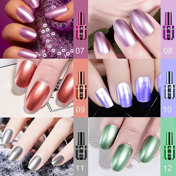 12 färger nagellack, långvarig vacker blank manikyr nagelkonst dekoration, lysande spegeleffekt nagellack kit-12st