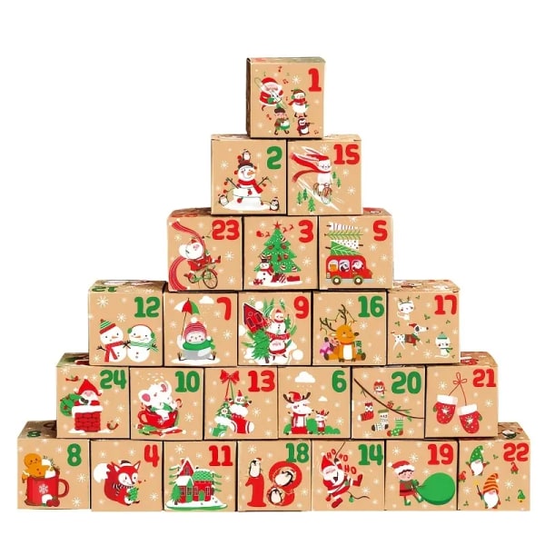 24 st, Vintage Jul Kraft Papperslådor DIY Adventskalender Godis Box Jul Nedräkning Kalender Presentask Fest Tjänster Tillbehör, Jul Dekor