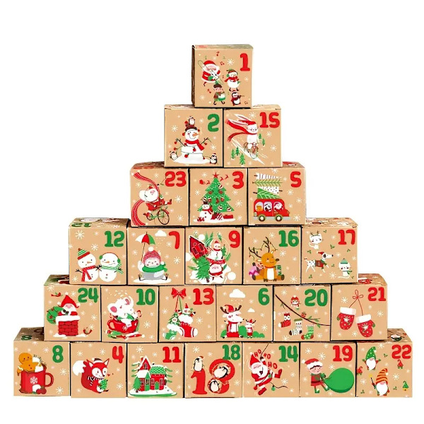 24 stk., Vintage Jule Kraft Papiræsker DIY Julekalender Godteæske Jule Nedtællingskalender Gaveæske Festartikler, Juledekoration