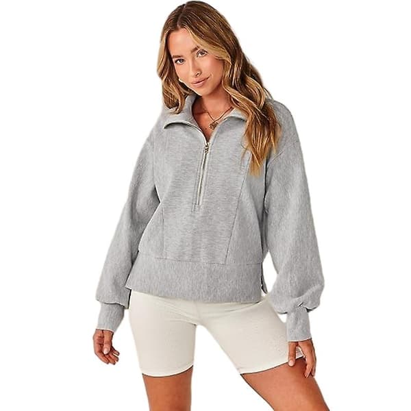 Casual Half Zip Sweatshirts for kvinner, langermet Cropped Pullover Grey 2XL