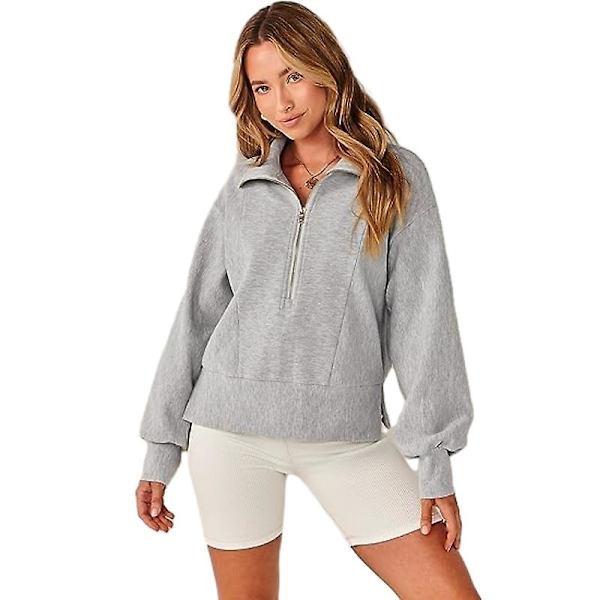 Casual halvlynede sweatshirts til damer, langærmet cropped pullover Grey M